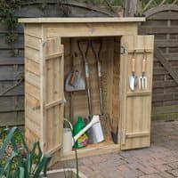 Wooden garden storage shed in natural finish, featuring double doors, shelves, and tools like shovels and trowels neatly organized inside, set against a garden backdrop.