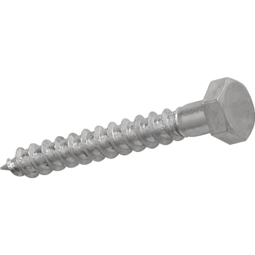 Bright zinc plated M8 X 100mm coach screw with a hexagonal head and spiral thread, shown individually, part of a pack of 25 by 4Trade.