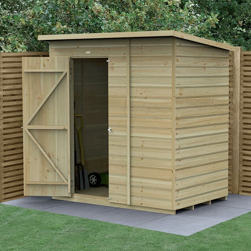 A wooden pent shed with a natural wood finish, featuring shiplap cladding, an open door, and a sturdy design, set against a green backdrop and paved flooring.
