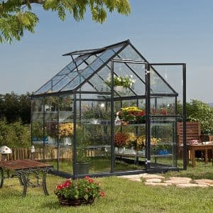 Grey polycarbonate greenhouse measuring 6' x 6', featuring a sloped roof, glass panels, double doors, and surrounded by potted plants and outdoor furniture.