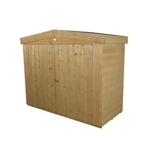 Large double door garden storage unit made of natural wood, featuring a sloped apex roof, vertical shiplap design, and a light brown finish, ideal for bikes or mowers.