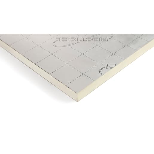 Recticel Eurothane GP insulation board, measuring 70mm x 2400mm x 1200mm, features a smooth, silver foil surface with grid markings and a light-colored foam core.