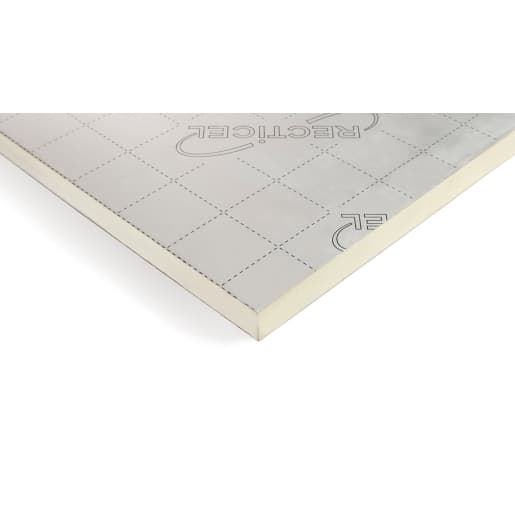 Recticel Eurothane GP insulation board, measuring 75mm x 2400mm x 1200mm, features a smooth, silver foil surface with grid markings and a rigid foam core.