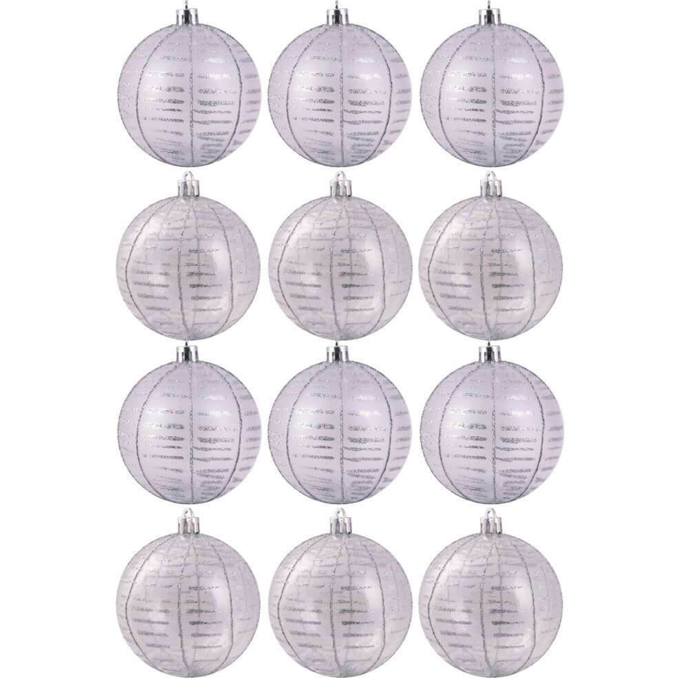 Hand-painted shatterproof baubles in a 12-pack, featuring a translucent silver finish with delicate stripes, ideal for festive decorations.