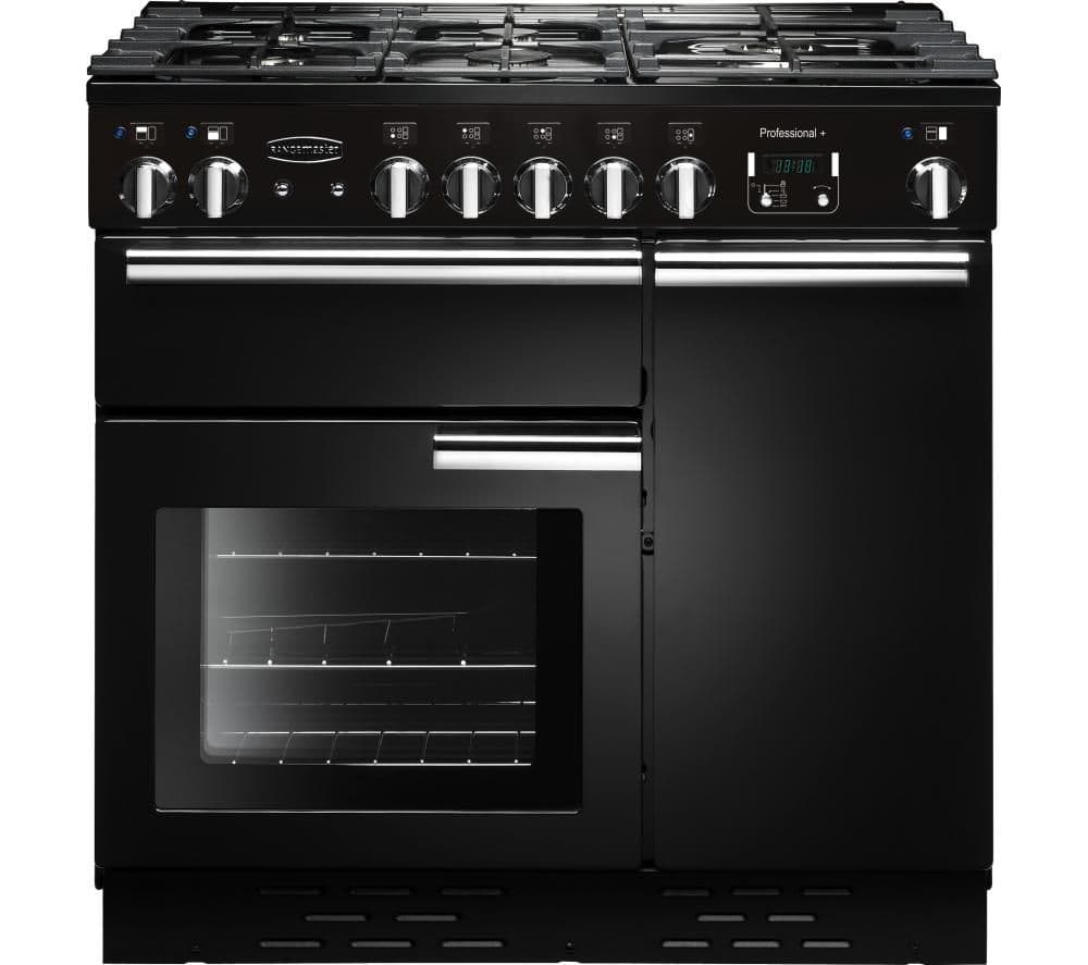90cm wide black gas range cooker with six burners, chrome knobs, and a large glass oven door, featuring a sleek stainless steel handle and modern design elements.