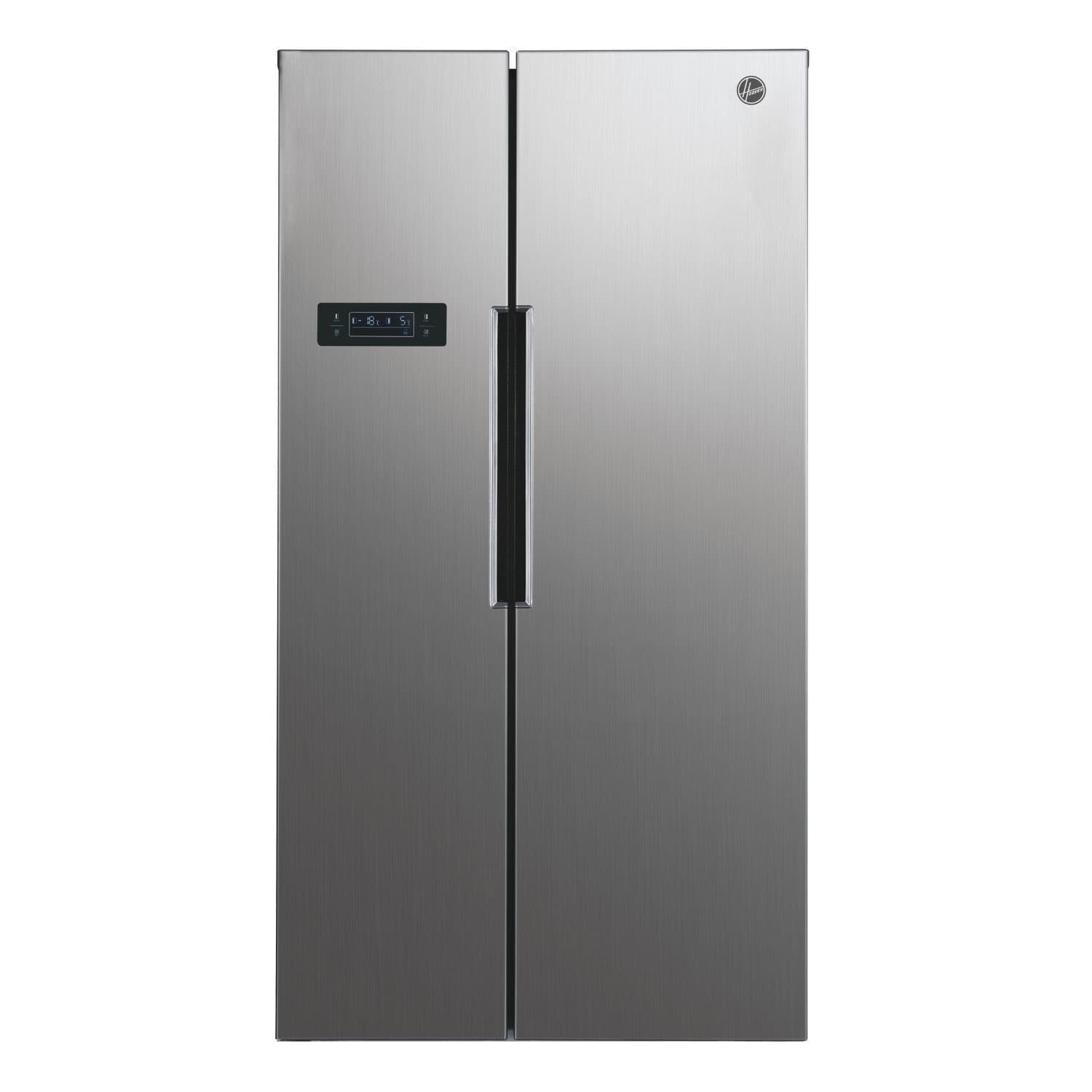 Stainless steel, frost-free American fridge freezer with a sleek design, featuring a digital control panel and two side-by-side doors.