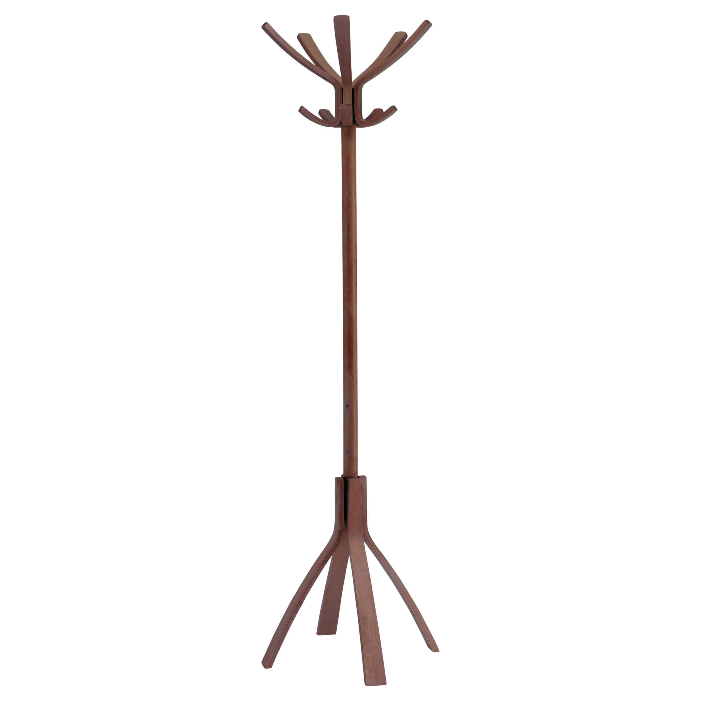 Floorstanding coat rack with 10 wooden hooks, featuring a sleek, brown finish and a tripod base for stability, designed for stylish and functional storage.