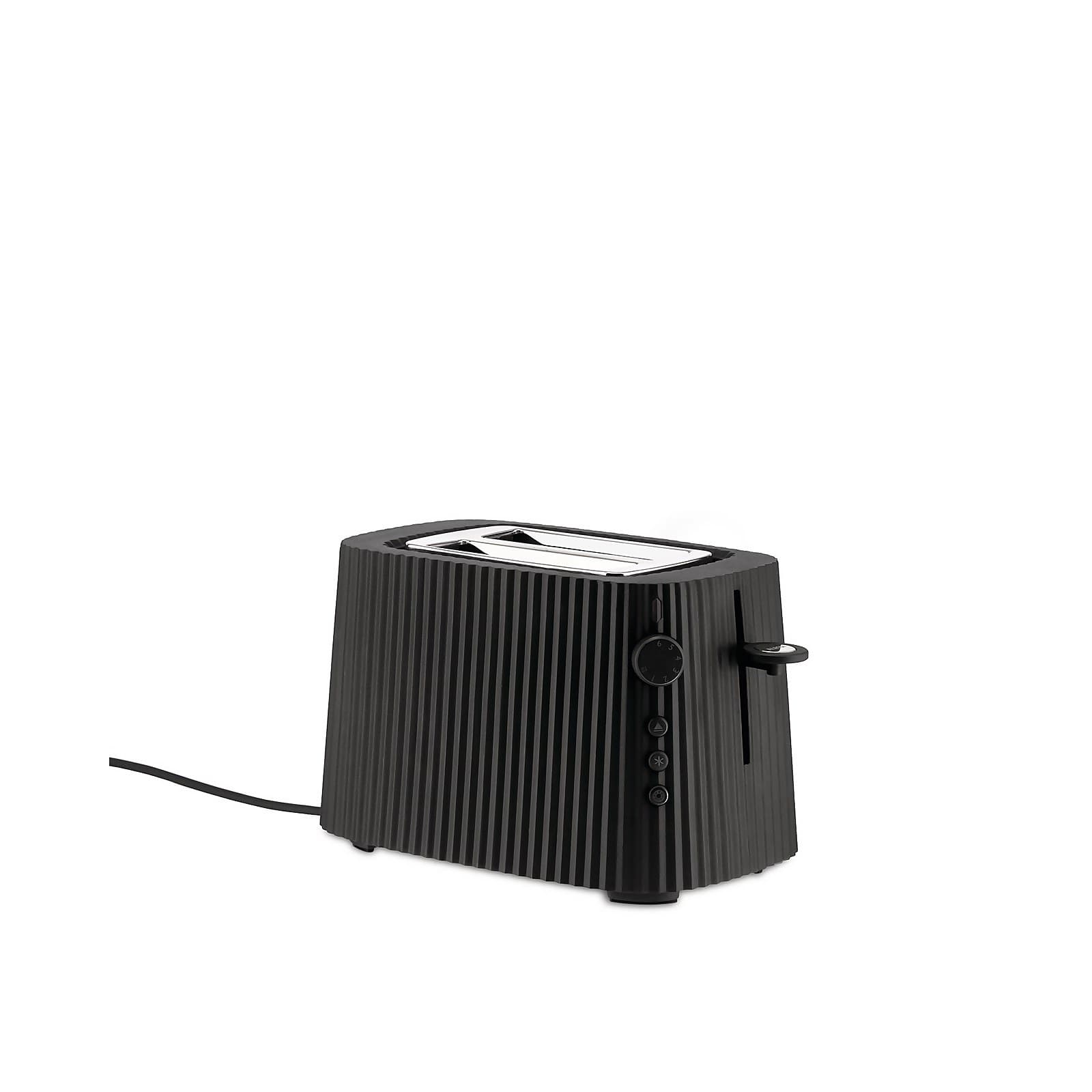 Black Alessi toaster with a ribbed design, a stainless steel top, and a dial for browning control, featuring a lever and a cord on the side.