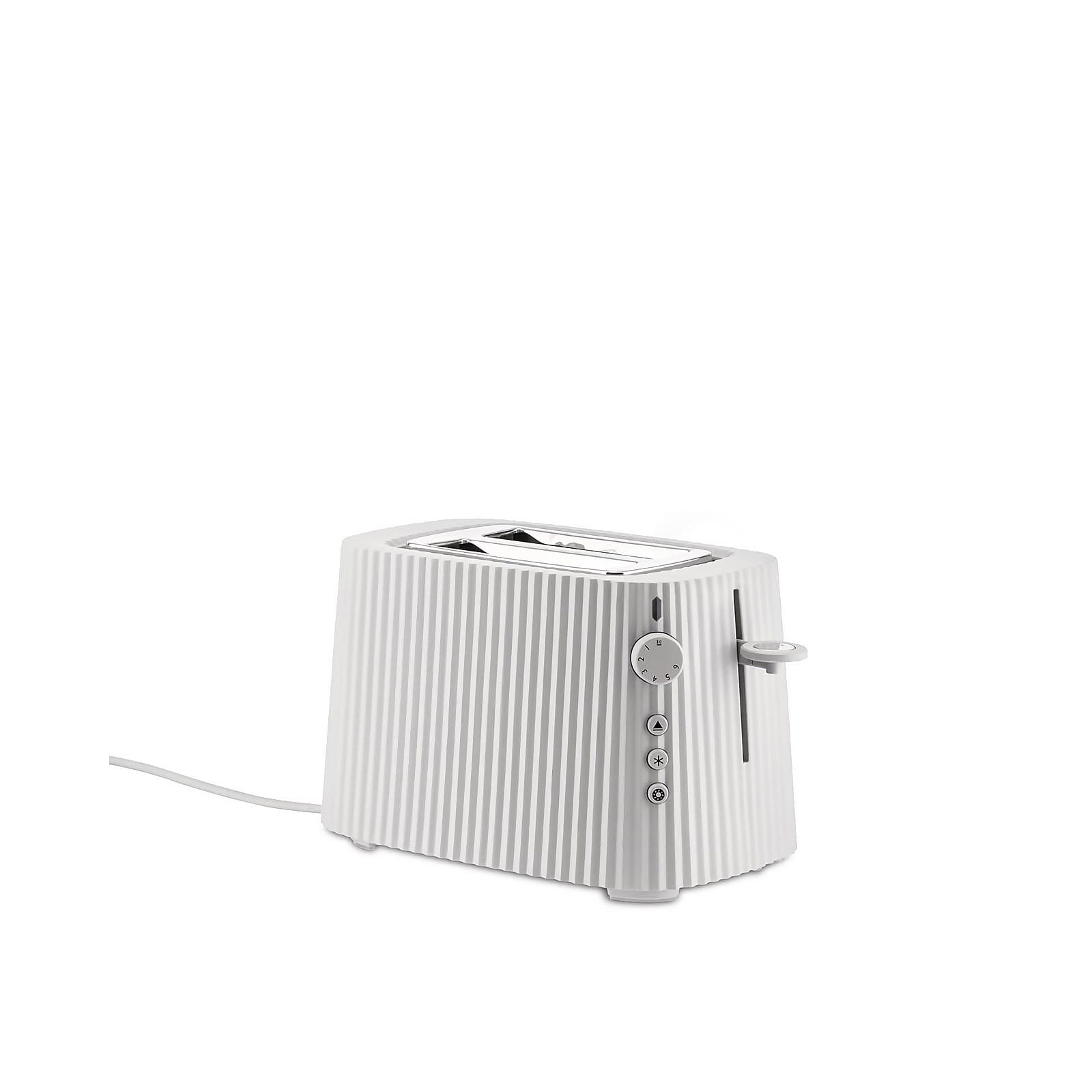 White ribbed toaster with a sleek design, featuring a chrome lever and dial, and a slot for toasting bread, made from durable materials by Alessi.