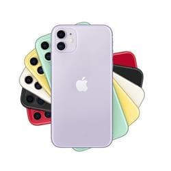 Black Apple iPhone 11, unlocked, 64GB, surrounded by colorful iPhone models in various shades, featuring a sleek glass back and dual-camera setup.