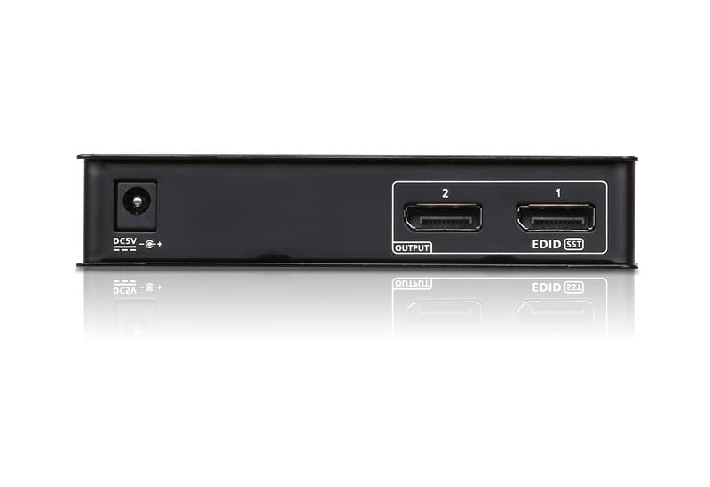 Black metal video splitter with two DisplayPort output ports labeled "1" and "2," an EDID switch, and a power input on one side.