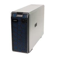 Grey network video recorder with a sleek metal casing, featuring a front panel with a blue patterned grille and a prominent AXIS logo.