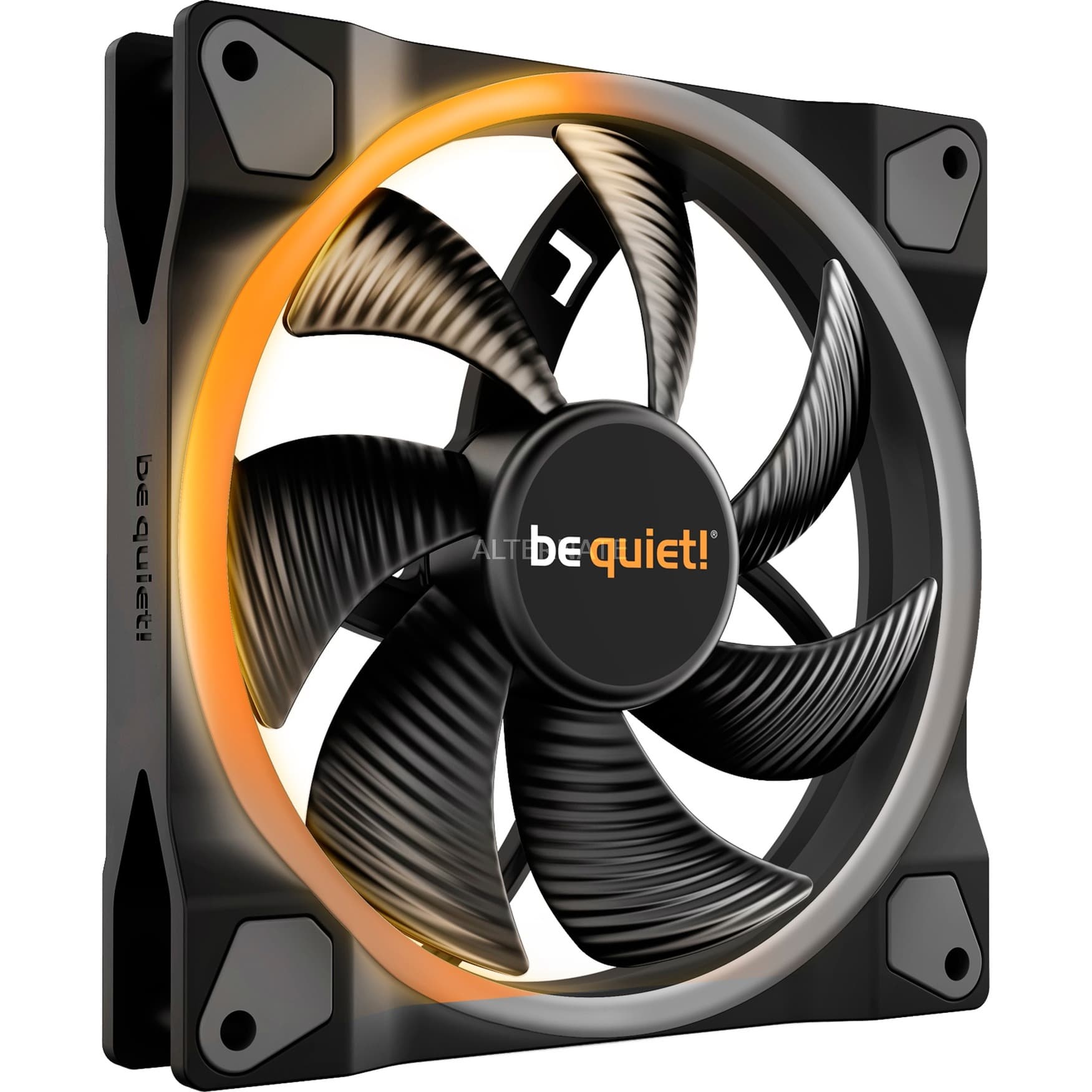 Black 140mm PC fan with LED lighting, featuring a sleek design, five black blades with a textured finish, and a glowing orange ring around the edge.