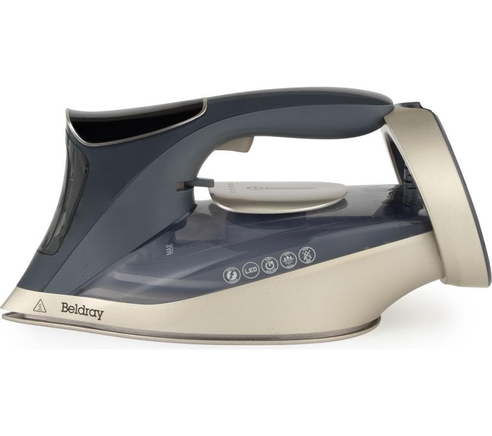 Beldray 3200W digital steam iron in grey and navy, featuring a sleek design, LED indicator, and control buttons on the side for easy operation.