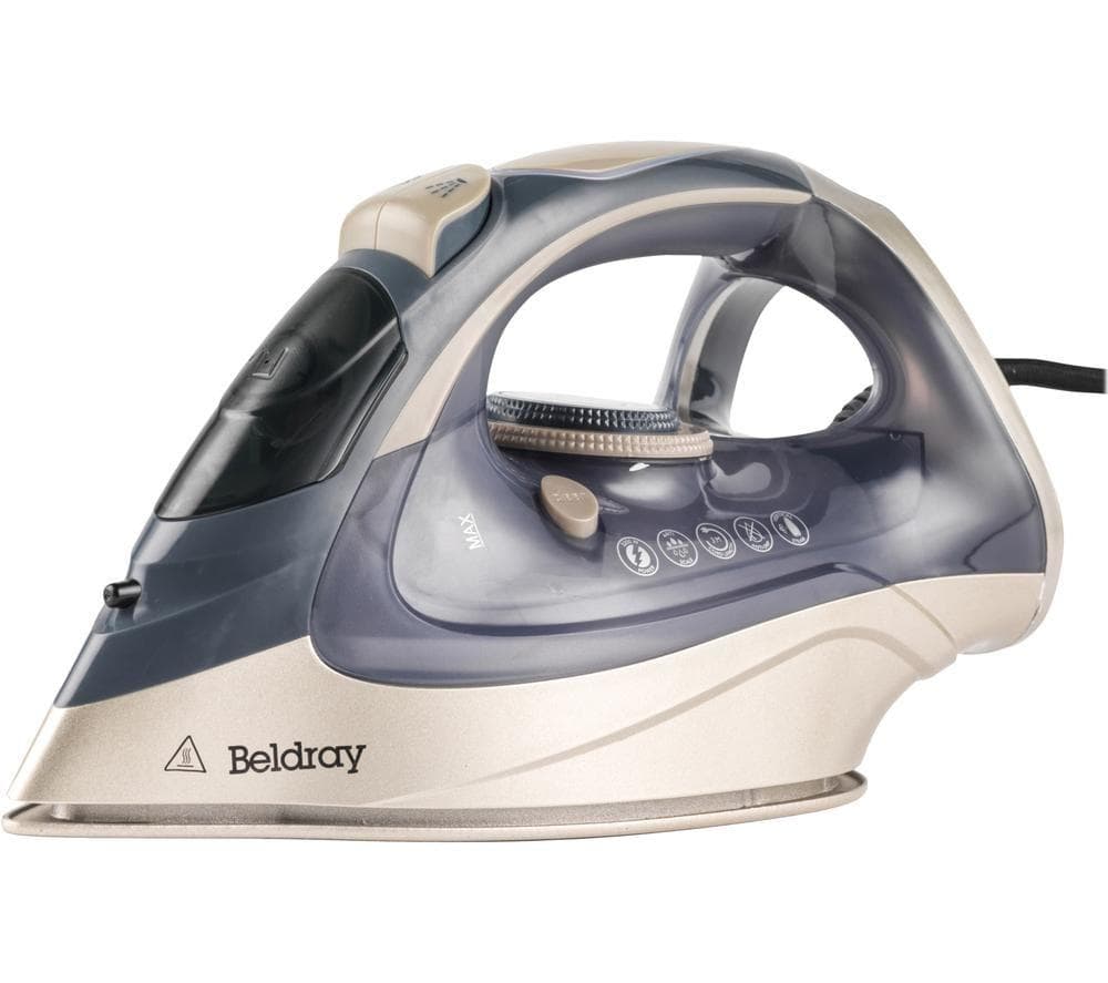 Beldray Powerlite steam iron in blue and silver, featuring a sleek design, auto shut-off function, and control buttons for steam settings.