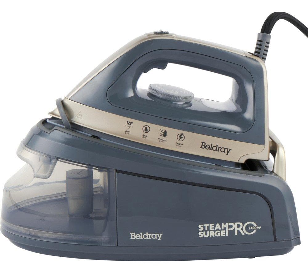 Beldray 2400W Steam Surge Pro Iron in titanium finish, featuring a sleek design, transparent water tank, and adjustable steam control dial.