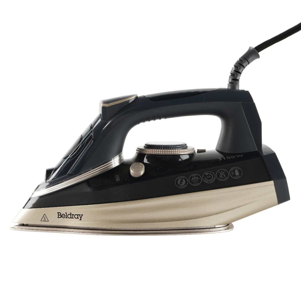 Black and grey steam iron with a silver base, featuring a textured handle, control dial, and multiple steam settings for efficient ironing.