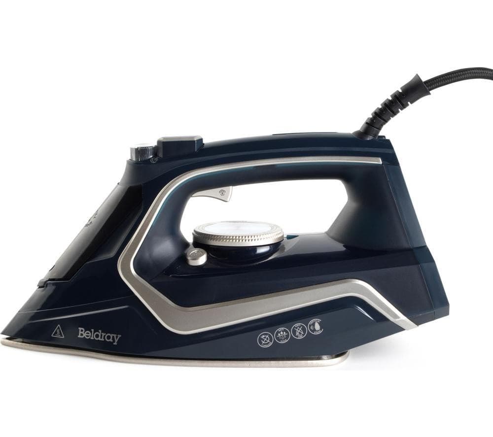 Navy and platinum steam iron with a sleek design, featuring a silver/grey base, control dial, and multiple steam settings for efficient ironing.