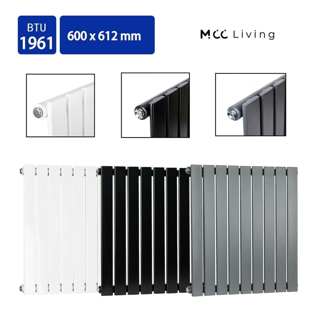 MCC Designer Flat Panel Single Radiator in white, measuring 600 x 612 mm, features a sleek, modern design with vertical slats and rounded edges.