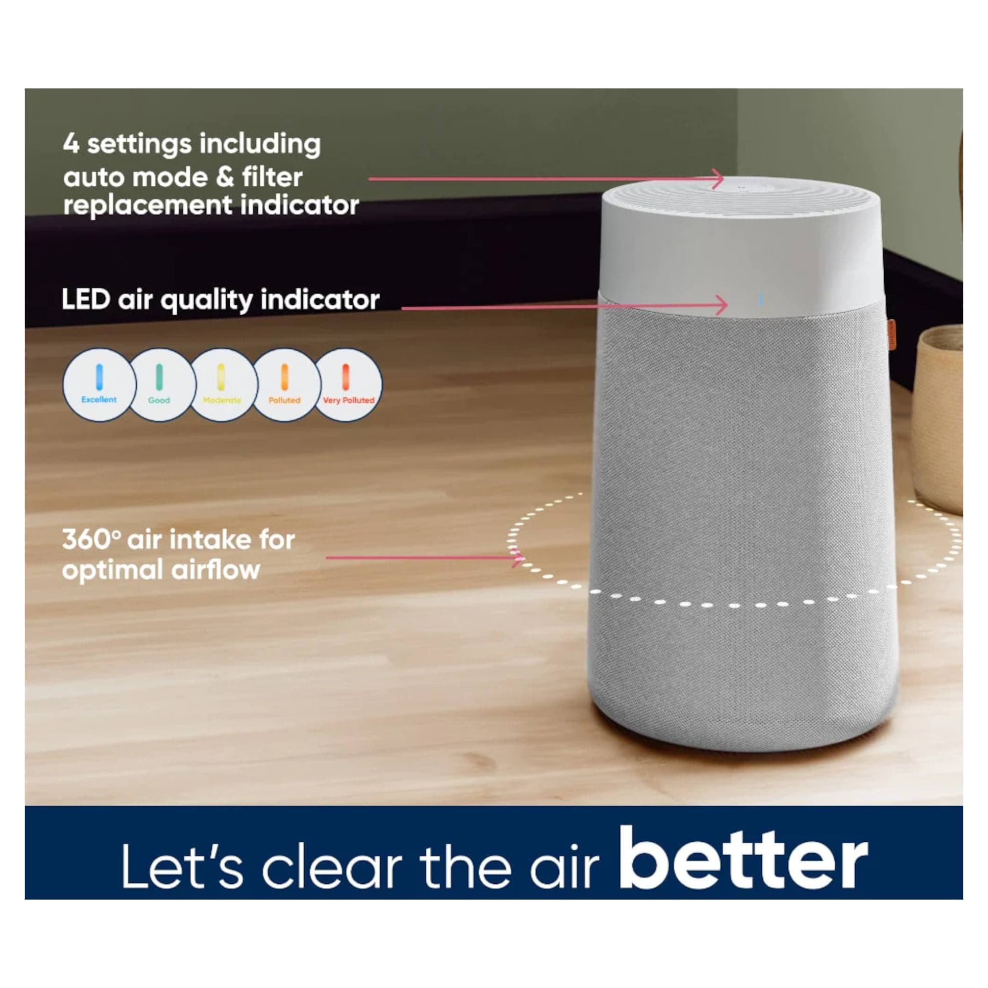 Blueair Blue Max 3350i Air Purifier in grey fabric with a white top, featuring 4 settings, LED air quality indicator, and 360° air intake for optimal airflow.
