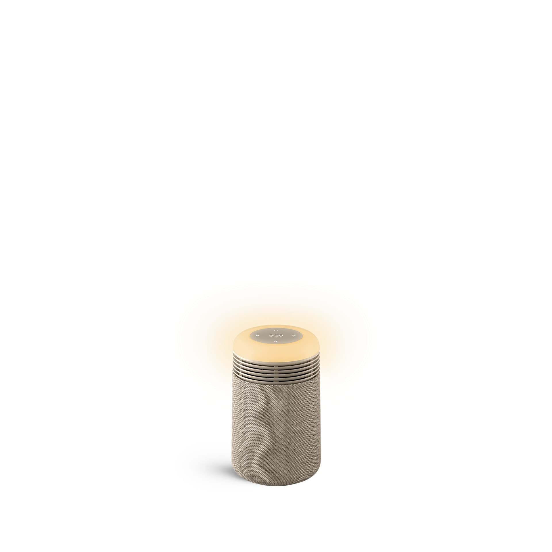Compact cylindrical air purifier in a soft beige color with a warm yellow light at the top, featuring a sleek design and control panel on the surface.