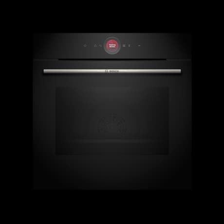 Sleek black built-in oven with a stainless steel handle, digital control panel featuring a red display, and a large glass door for easy viewing of the interior.