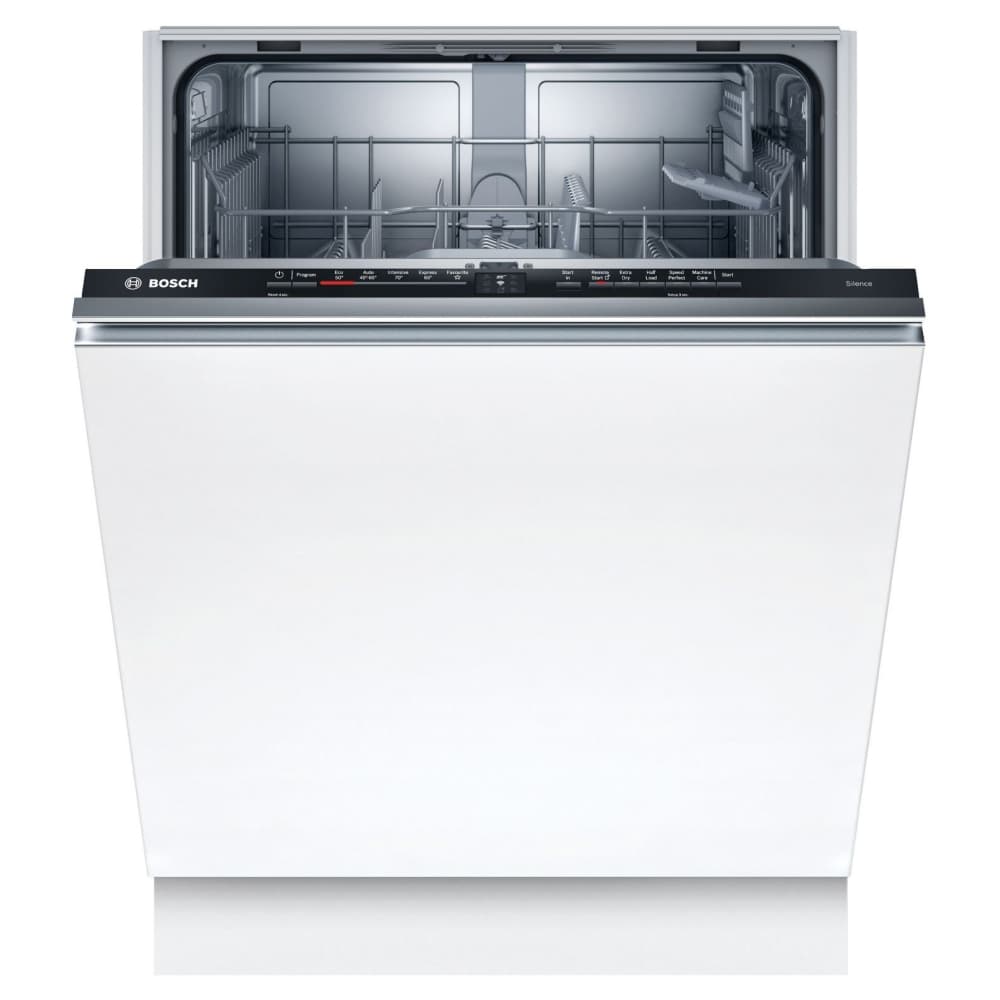Bosch built-in full-size dishwasher in sleek stainless steel with a black control panel, featuring 12 place settings and a spacious interior for efficient dish cleaning.