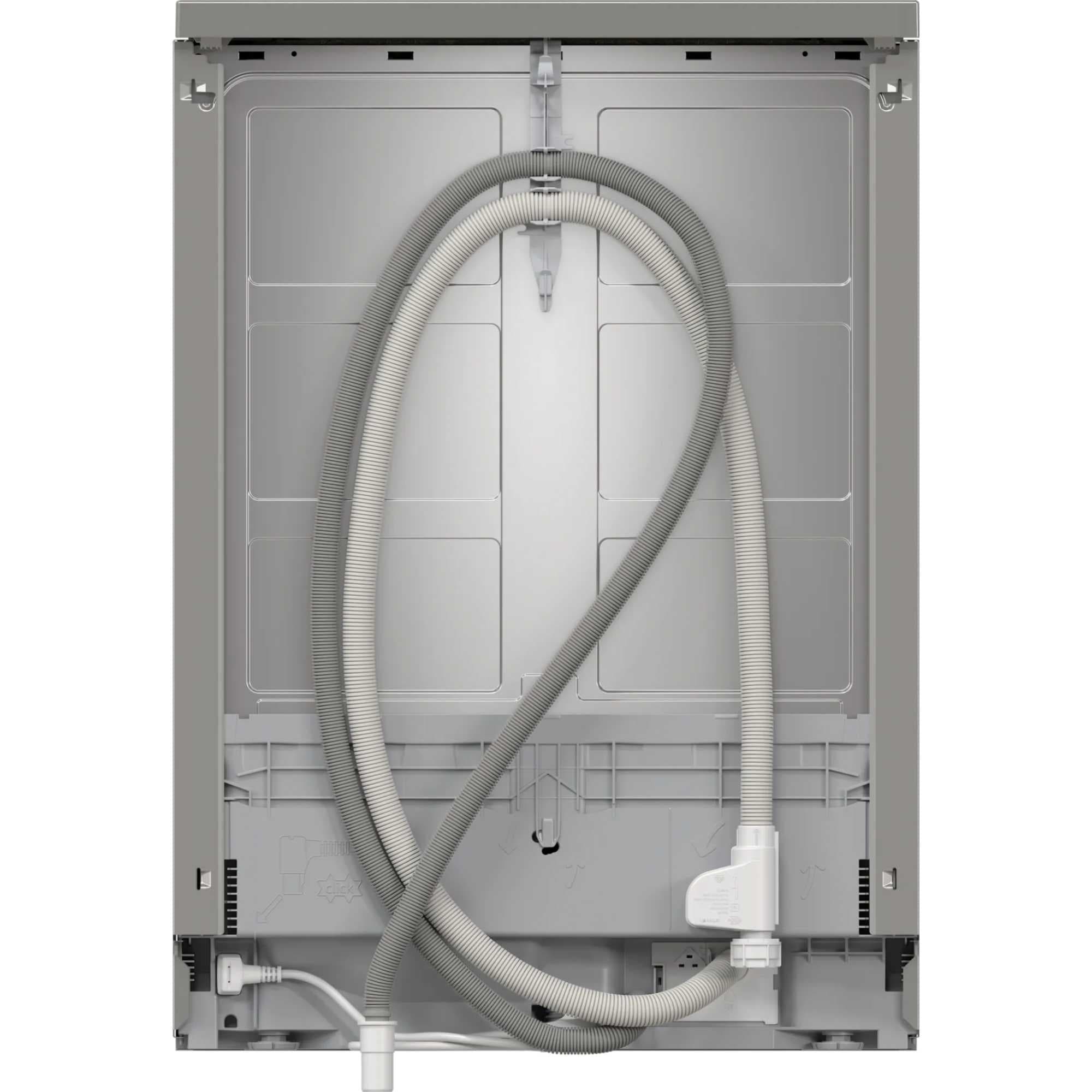 Bosch Series 2 freestanding dishwasher in stainless steel, featuring smart Wi-Fi connectivity, D-rating, and a sleek design with visible plumbing connections.