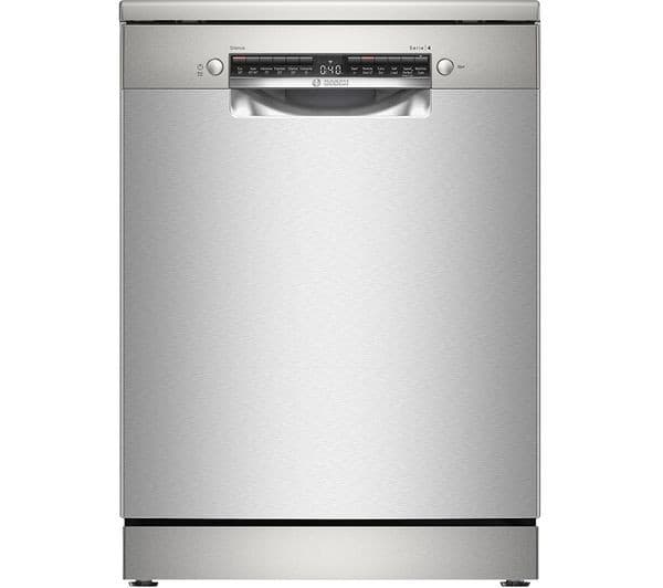 Stainless steel Bosch SMS4EKI06G Series 4 freestanding dishwasher featuring a sleek design, digital display, and WiFi connectivity for smart home integration.