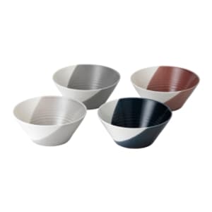 Set of four ceramic noodle bowls in varying colors: white, gray, navy, and burgundy, featuring a modern, angular design with a textured finish.