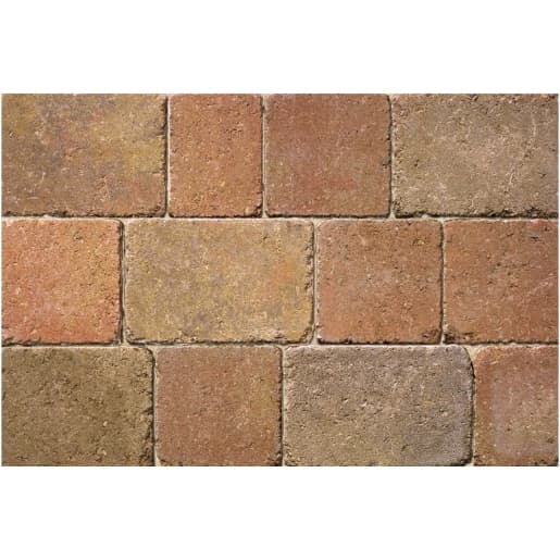 Rumbled concrete block paving in autumn hues, featuring rectangular blocks in shades of warm browns, reds, and tans, with a textured surface for a rustic appearance.