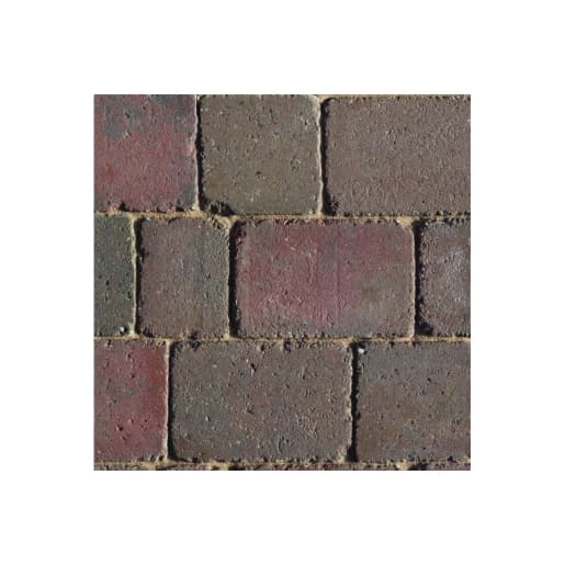 Rustic rumbled concrete block paving in shades of red and brown, featuring a textured surface, with dimensions of 200mm x 134mm x 50mm, ideal for outdoor use.