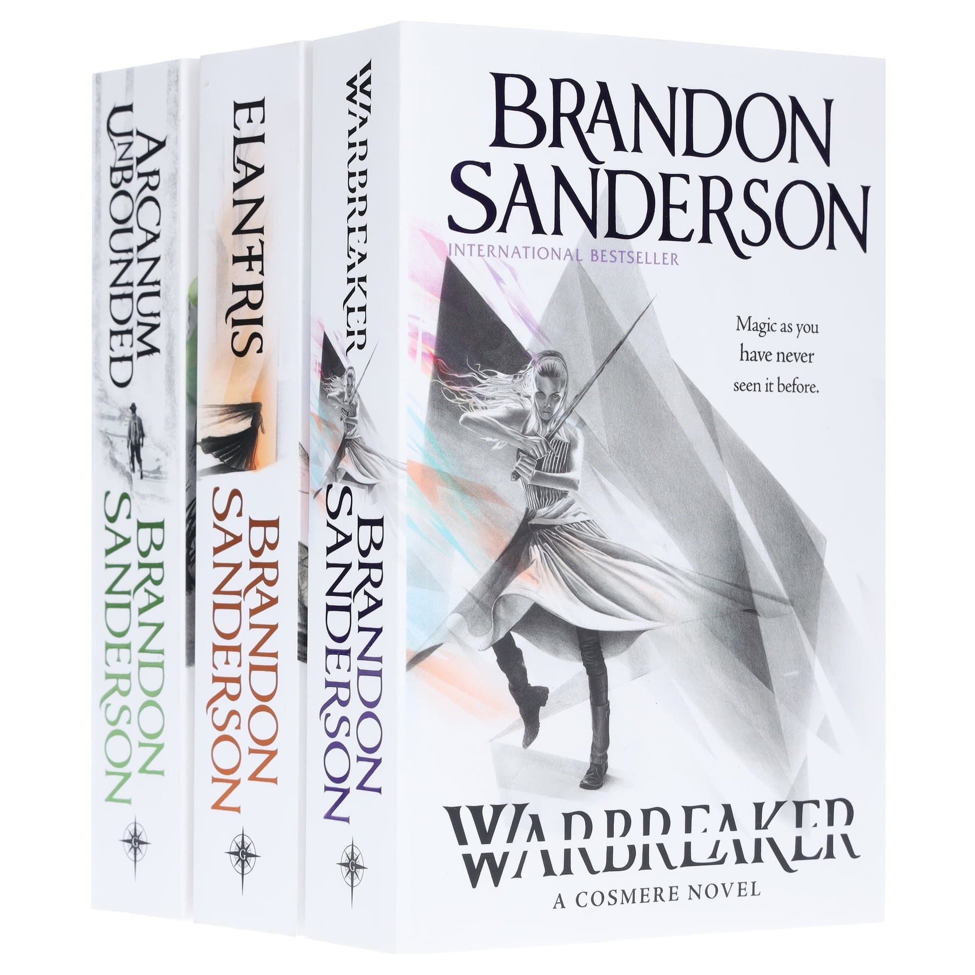 Three paperback books by Brandon Sanderson, featuring colorful spines and a striking cover of "Warbreaker" with a character in motion, titled "Arcanum Unbounded," "Elantris," and "Warbreaker."