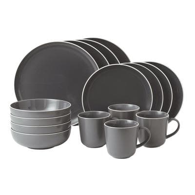 Slate gray dinnerware set featuring plates, bowls, and mugs with a smooth finish and subtle white rim detailing, designed for stylish dining.