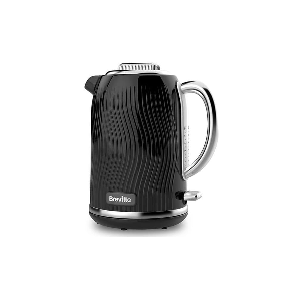 Black Breville Flow Kettle features a sleek, ribbed design with a stainless steel handle, a clear water level indicator, and a temperature control dial on the base.