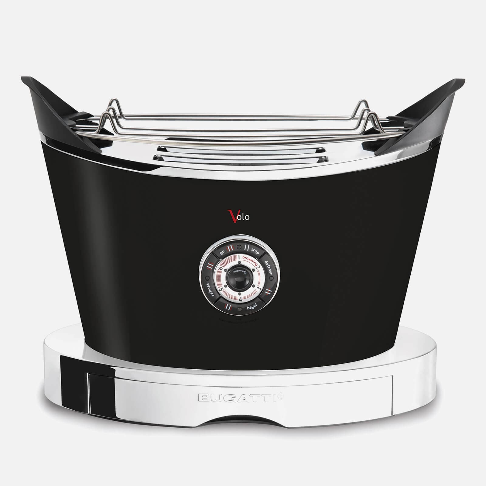 Sleek black Bugatti Volo toaster with a curved design, chrome accents, a central dial for settings, and a stylish base, perfect for modern kitchens.