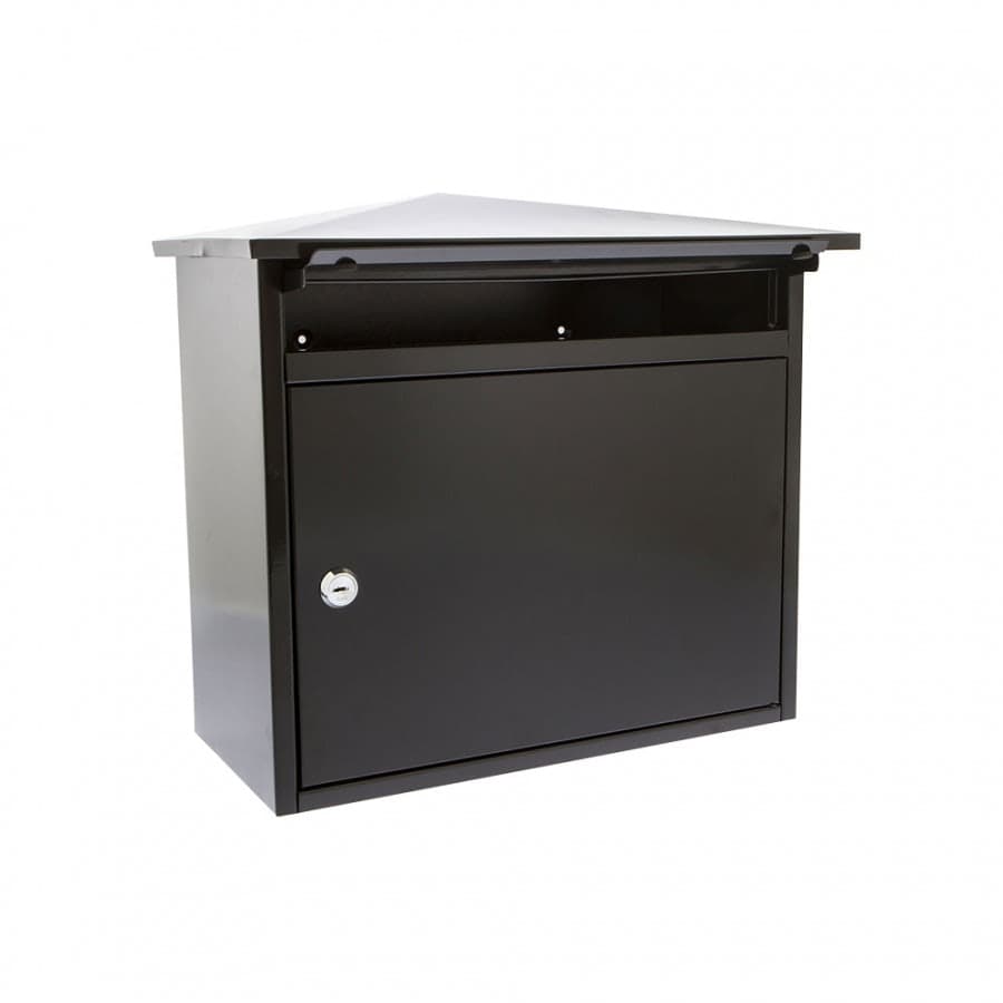 Black galvanised steel post box with a slanted roof, front access door, key lock, and a mail slot at the top for secure mail delivery.