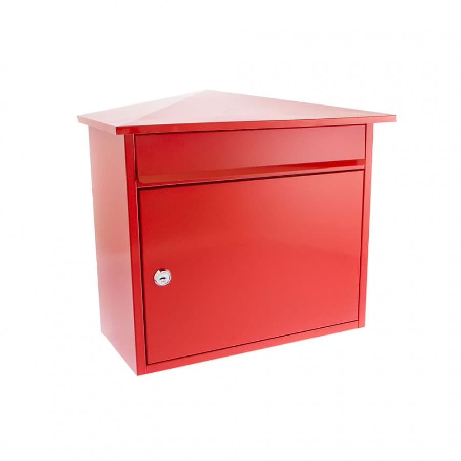 Red galvanised steel post box with a slanted roof, front access slot, and a secure key lock, designed for corner placement.