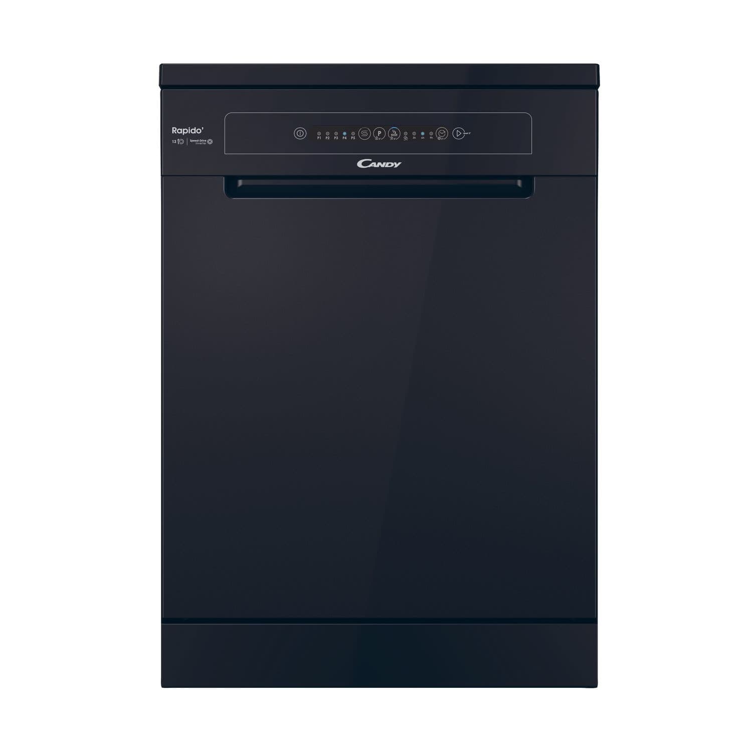Freestanding black dishwasher with a sleek design, featuring a control panel with buttons and indicators, designed for 13 place settings by Candy.