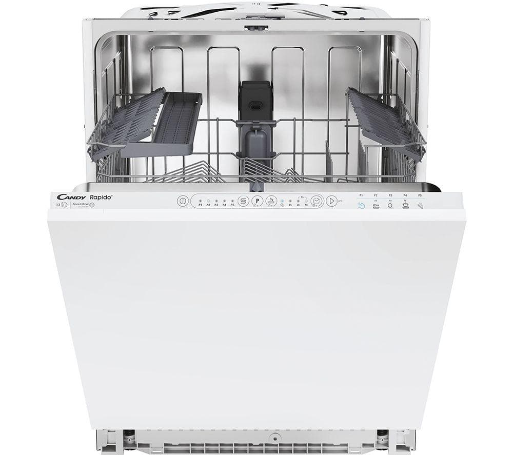 White built-in Candy CI3E53E0W dishwasher featuring a stainless steel interior, adjustable racks, and a control panel with buttons and a display for easy operation.