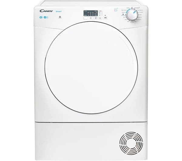 White Candy Smart tumble dryer with a circular door, control panel featuring buttons and a dial, and a vent at the bottom.
