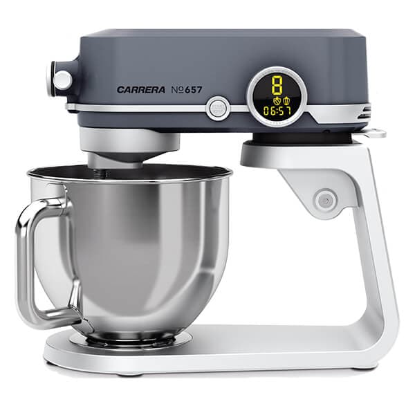 Carrera 657 Kitchen Machine Mixer features a sleek gray body, stainless steel bowl, digital display, and a sturdy white base, designed for efficient mixing and baking.