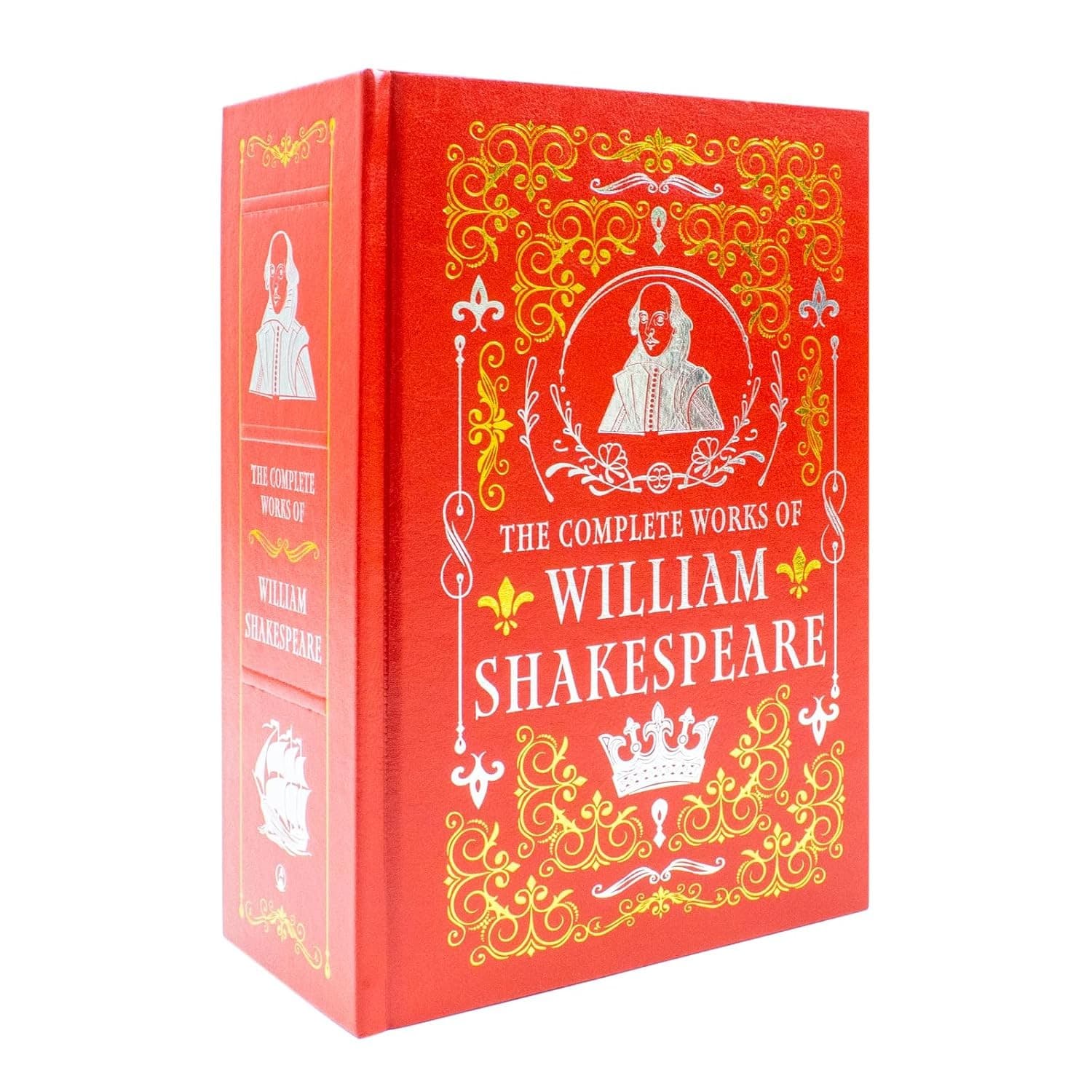 Deluxe leather-bound edition of "The Complete Works of William Shakespeare," featuring a vibrant red cover with gold embellishments and an illustration of Shakespeare on the front.