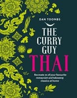 Bright green cover featuring intricate floral patterns, with bold pink and white text stating "THE CURRY GUY THAI" and the author's name, Dan Toombs, at the top.