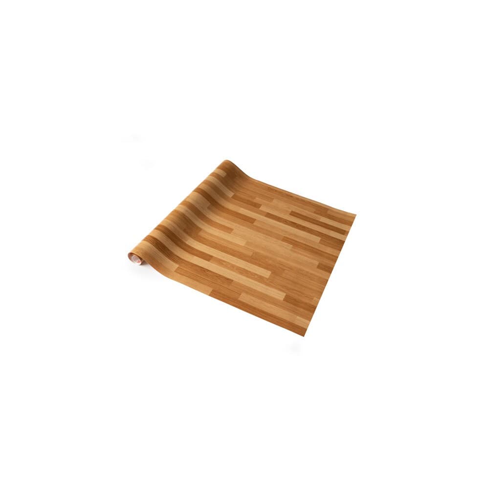 Self-adhesive vinyl wrap featuring a brown butcher block design with alternating light and dark wood tones, ideal for kitchen surfaces and easy to apply.