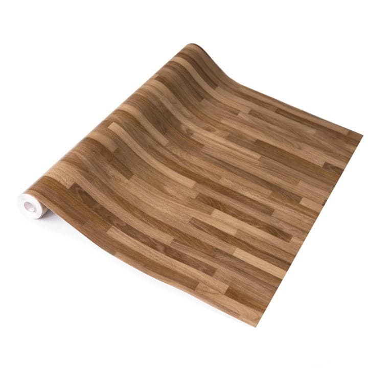 Self-adhesive vinyl wrap in a walnut block design featuring a warm brown color with a textured wood grain pattern, rolled partially open for display.