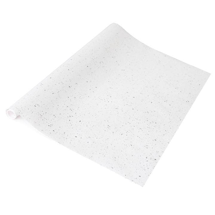 Self-adhesive vinyl wrap in a white granite matte finish, featuring a speckled texture with subtle gray flecks, rolled partially open to display its surface.