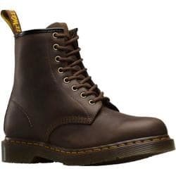 Dark brown leather Dr. Martens 1461 3 eyelet unisex oxfords with yellow stitching, round laces, and a sturdy sole, size UK 3.