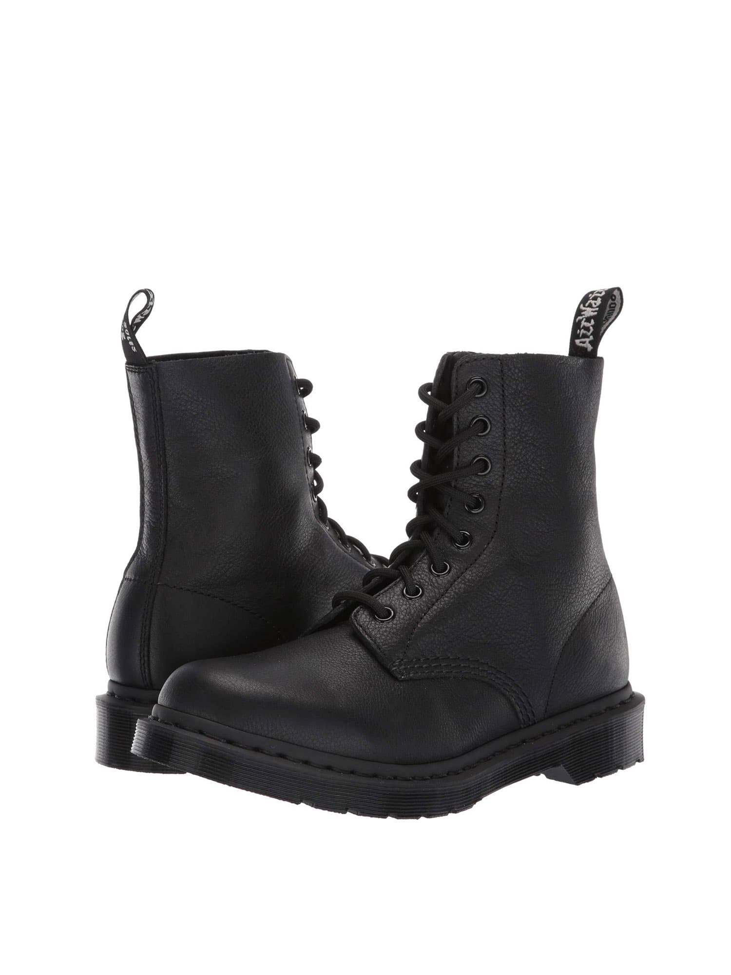 Black leather Dr. Martens 1460 Pascal Mono women's boots featuring a lace-up design, chunky sole, and signature pull tab, size 3.