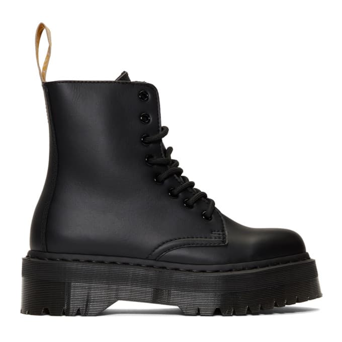 Black vegan leather Jadon II Mono platform boots by Dr. Martens, featuring a chunky sole, lace-up front, and a pull tab at the heel, size 3.